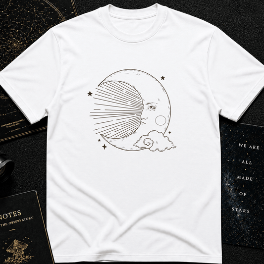 Vintage Moon Face T-Shirt – Celestial Line Art Tee for Dreamers & Stargazers