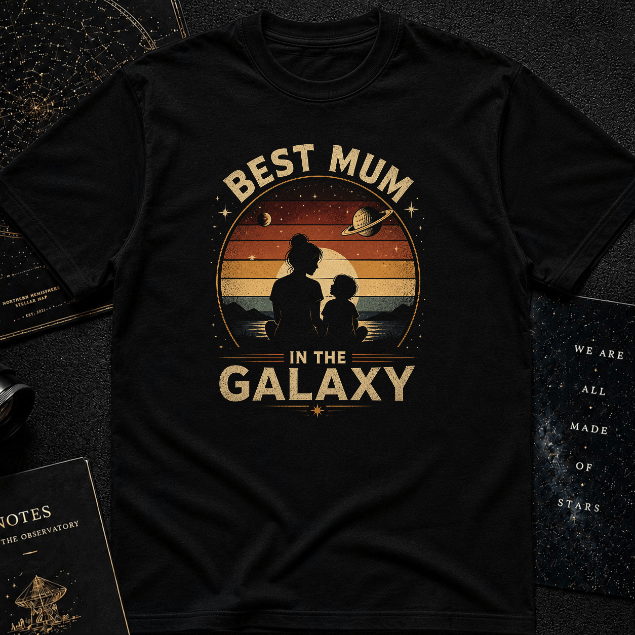 Best Mum in the Galaxy T-Shirt – Retro Sunset Mom & Child Silhouette, Space Gift
