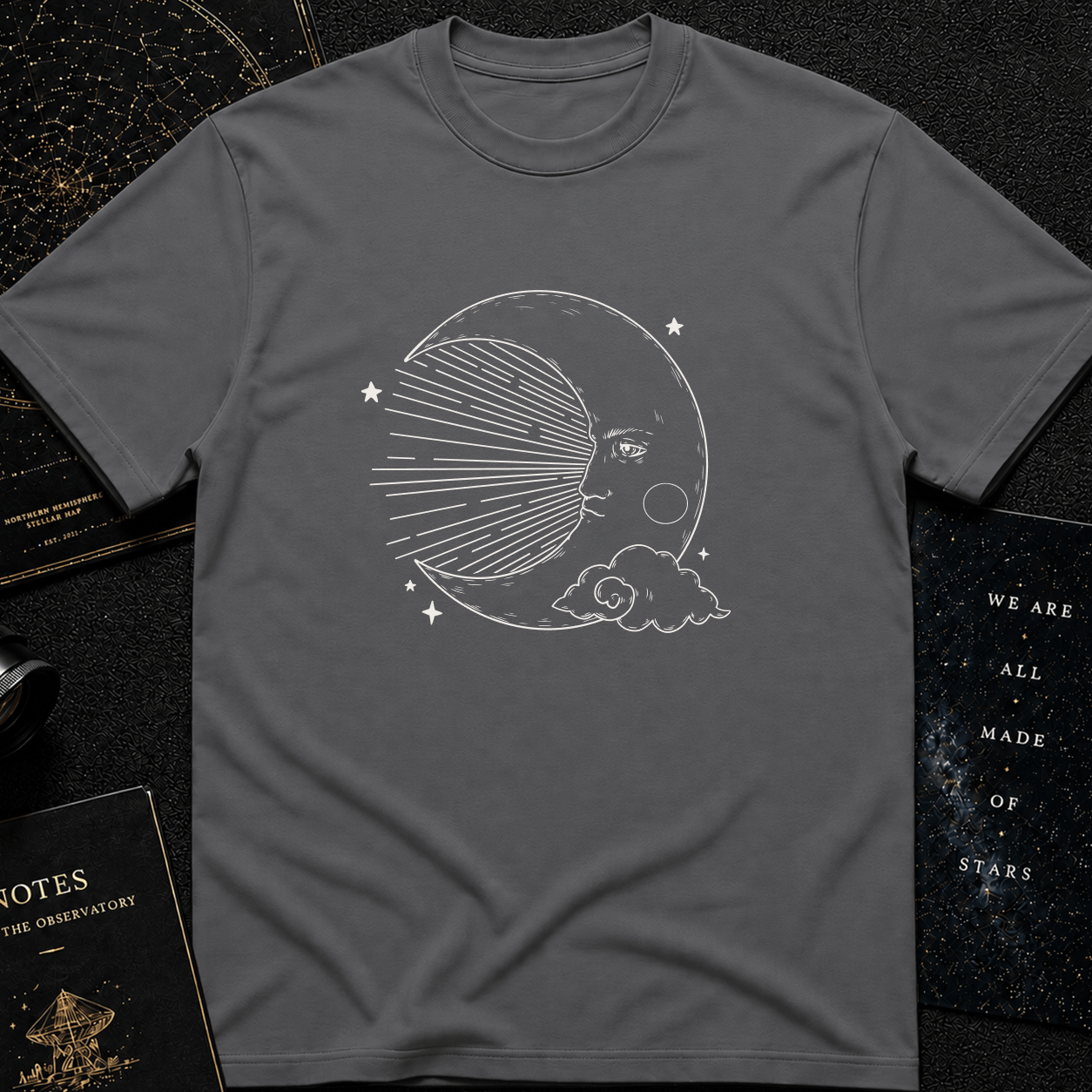 Vintage Moon Face T-Shirt – Celestial Line Art Tee for Dreamers & Stargazers