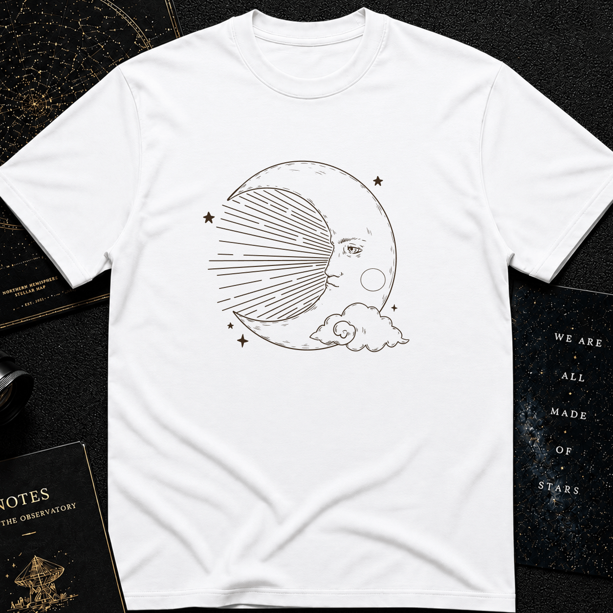 Vintage Moon Face T-Shirt – Celestial Line Art Tee for Dreamers & Stargazers
